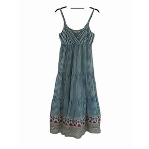 Natural Life Tiered Midi Dress Beach Resort Coastal Boho XS/S Blue White Stripe